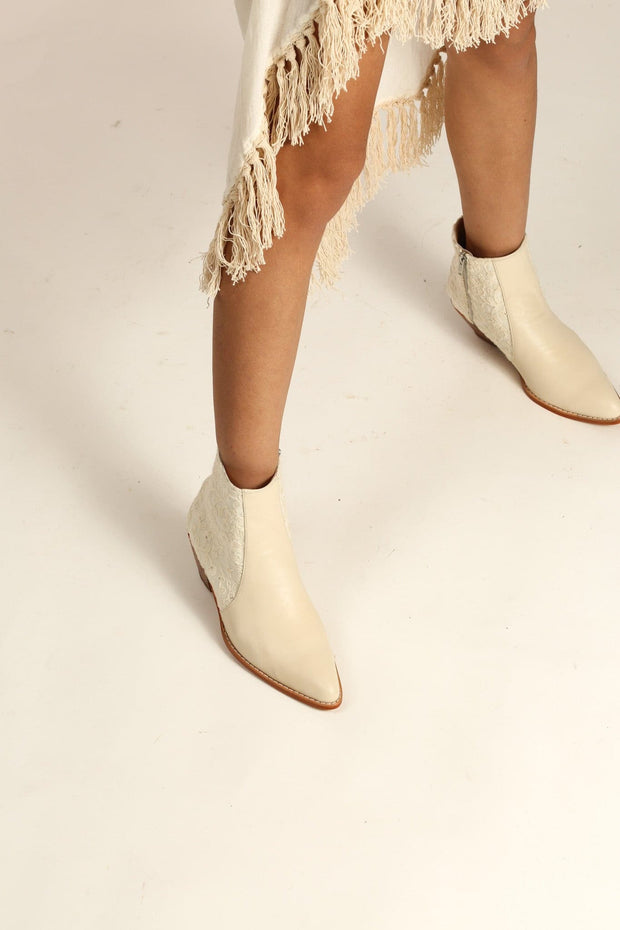 CREME LEATHER CREME EMBROIDERED FABRIC BOOTS SEL - sustainably made MOMO NEW YORK sustainable clothing, boots slow fashion