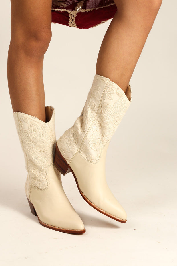 CREME WEDDING BOOTS LACE SEQUIN DETAIL - sustainably made MOMO NEW YORK sustainable clothing, boots slow fashion