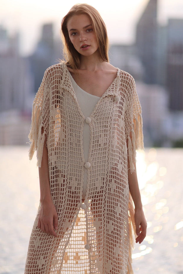 CROCHET KIMONO DUSTER MIRA - sustainably made MOMO NEW YORK sustainable clothing, crochet slow fashion