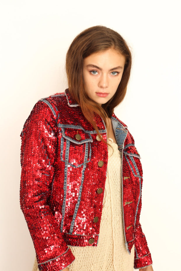DEMI HAND SEQUIN EMBROIDERED DENIM JACKET - sustainably made MOMO NEW YORK sustainable clothing, preorder slow fashion