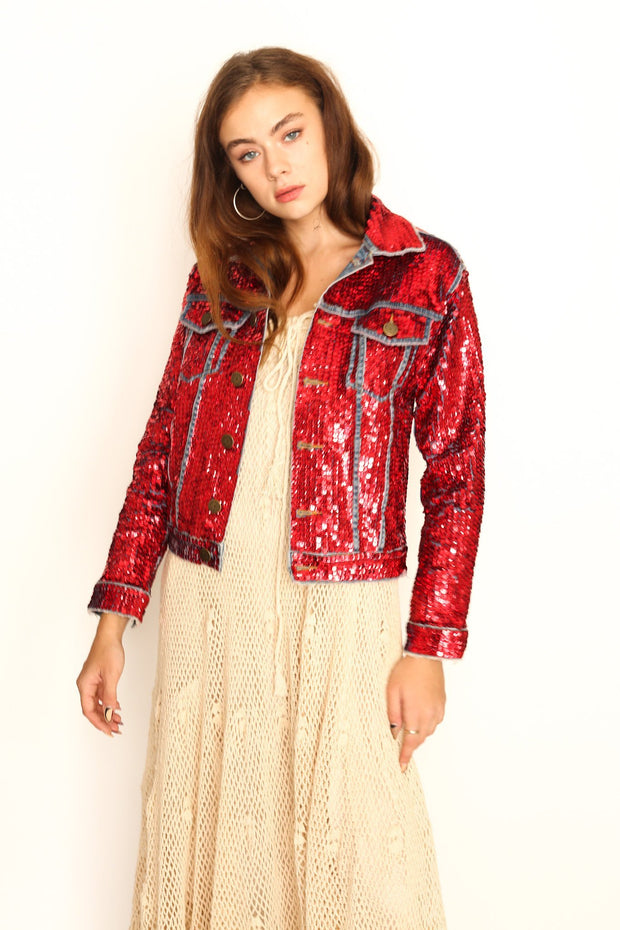 DEMI HAND SEQUIN EMBROIDERED DENIM JACKET - sustainably made MOMO NEW YORK sustainable clothing, preorder slow fashion
