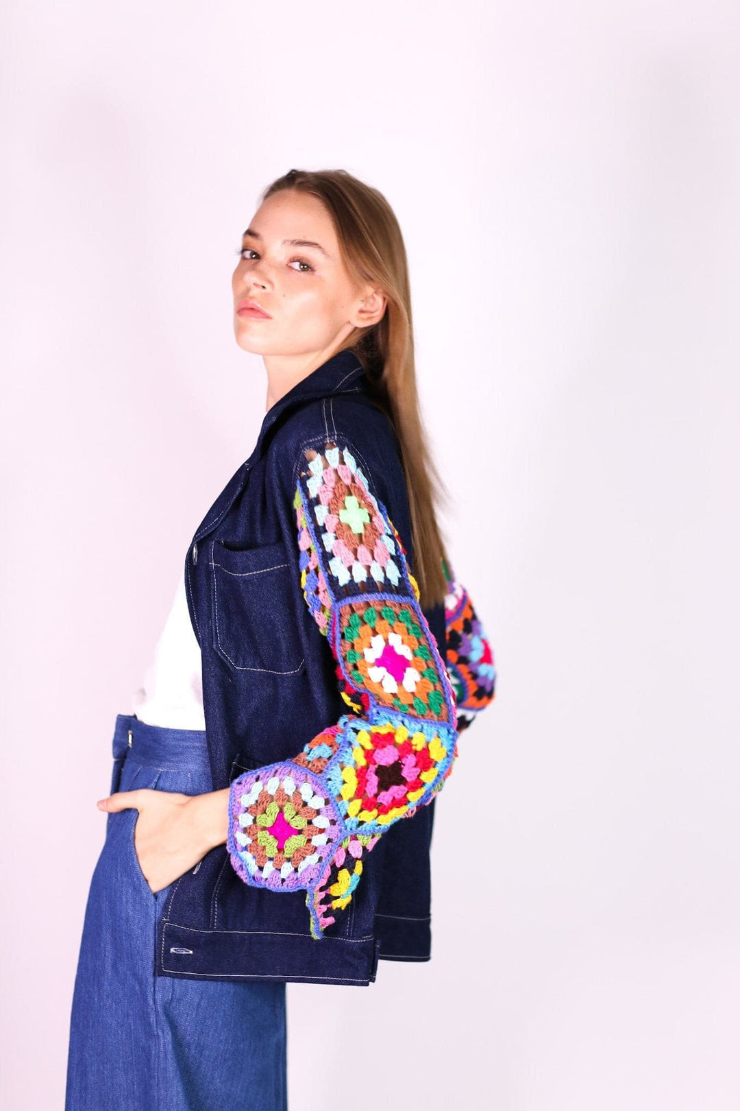 DENIM CROCHET JACKET VICKY, hand made - MOMO NEW YORK - sustainab