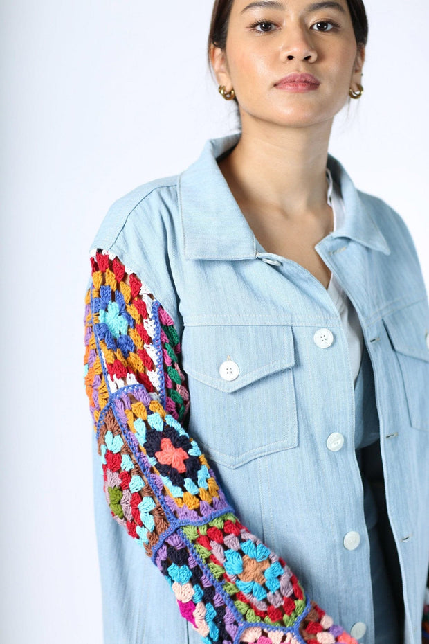 DENIM CROCHET SLEEVE JACKET NIALA - sustainably made MOMO NEW YORK sustainable clothing, crochet slow fashion