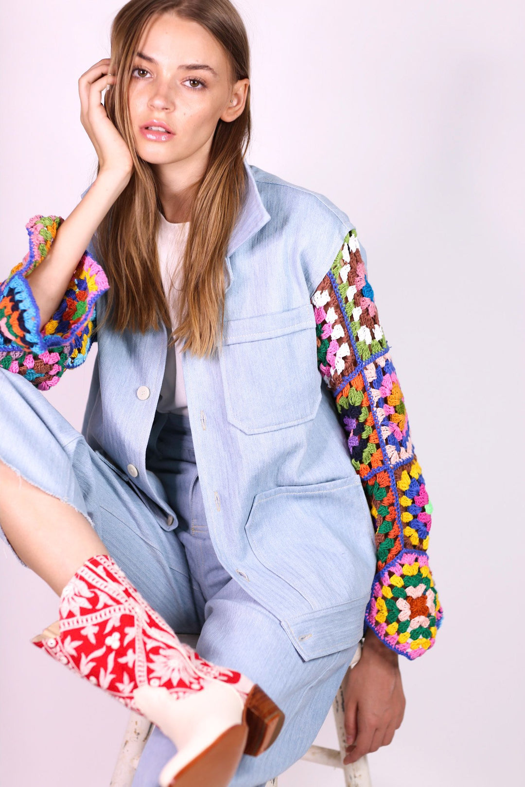 DENIM JACKET CROCHET SLEEVES VICKY, hand made - MOMO NEW YORK - s