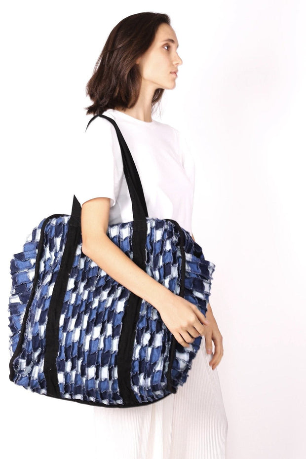 DENIM PATCHWORK XXL BAG BLEECKER - sustainably made MOMO NEW YORK sustainable clothing, preorder slow fashion