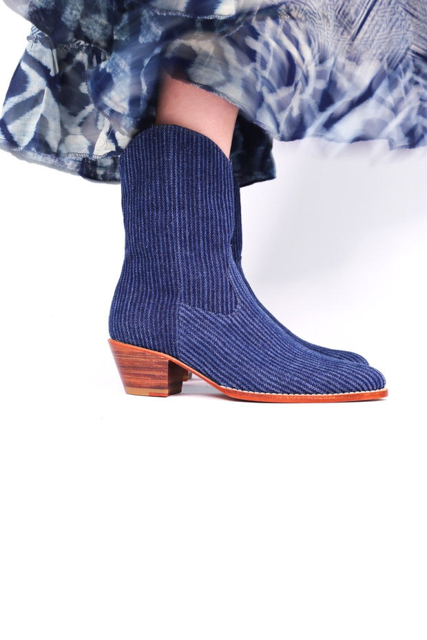 DENIM STRIPE ANKLE BOOTS TUZIA - sustainably made MOMO NEW YORK sustainable clothing, boots slow fashion