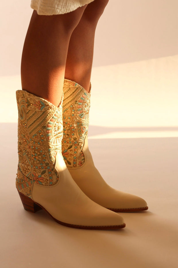 EMBELLISHED EMBROIDERED SILK WESTERN BOOTS MILTON - sustainably made MOMO NEW YORK sustainable clothing, boots slow fashion