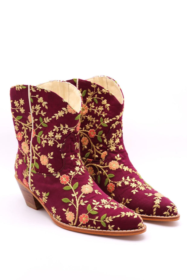 EMBROIDERED BOOTS ELOISE BURGUNDY RED - sustainably made MOMO NEW YORK sustainable clothing, boots slow fashion
