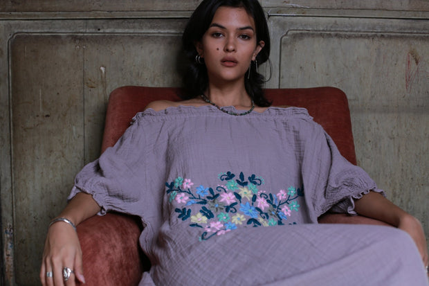 EMBROIDERED COTTON DRESS QUINCY - sustainably made MOMO NEW YORK sustainable clothing, kaftan slow fashion