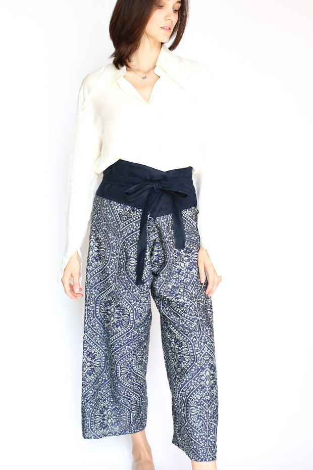 EMBROIDERED CROP FISHERMAN TROUSERS WILAI - sustainably made MOMO NEW YORK sustainable clothing, pants slow fashion