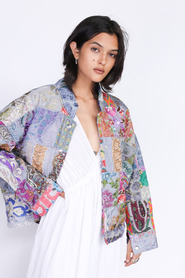 Embroidered Patchwork Bomber Jacket Serena - sustainably made MOMO NEW YORK sustainable clothing, offer slow fashion
