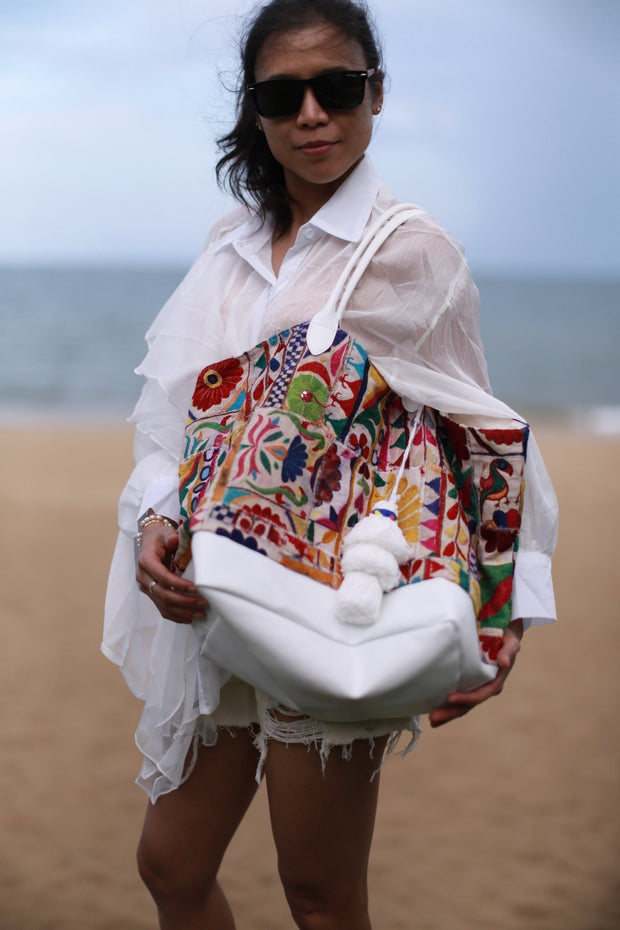 EMBROIDERED PATCHWORK SHOPPER BAG LUNA - sustainably made MOMO NEW YORK sustainable clothing, samplesale1022 slow fashion