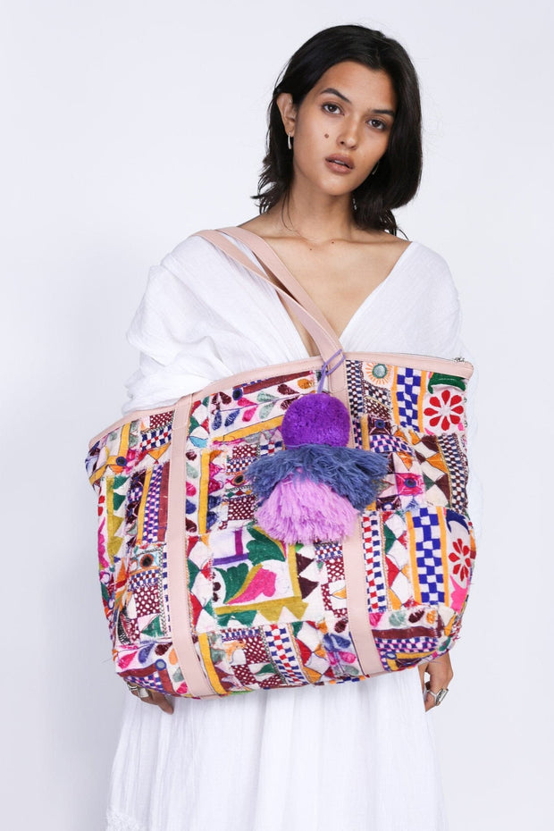 Embroidered patchwork tote marlowe - sustainably made MOMO NEW YORK sustainable clothing, samplesale1022 slow fashion
