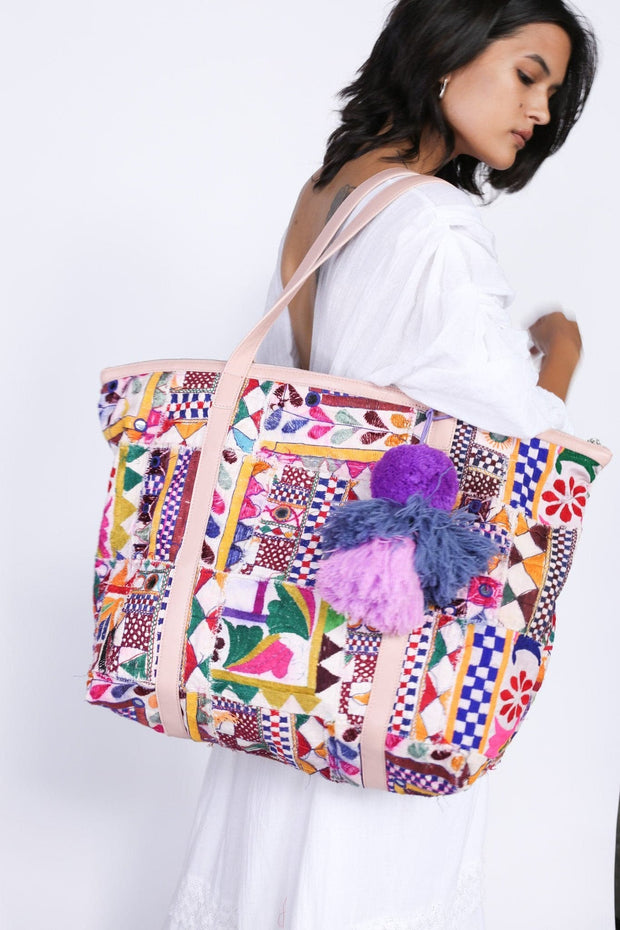 Embroidered patchwork tote marlowe - sustainably made MOMO NEW YORK sustainable clothing, samplesale1022 slow fashion
