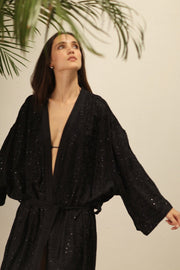 EREBUS BLACK SILK KIMONO - sustainably made MOMO NEW YORK sustainable clothing, kimono slow fashion