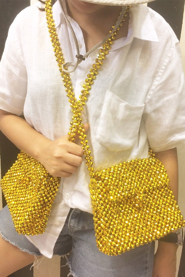 Gold Cross Shoulder Bead Bag Ramya - sustainably made MOMO NEW YORK sustainable clothing, offer slow fashion