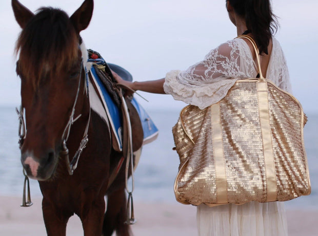 Gold Sequin Weekender Bag Bila - sustainably made MOMO NEW YORK sustainable clothing, samplesale1022 slow fashion