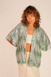 GREEN SEQUIN SHORT KIMONO LUKA - sustainably made MOMO NEW YORK sustainable clothing, Kimono slow fashion