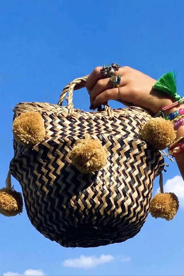 HAND CRAFTED STRAW POM POM BAG AUEY - sustainably made MOMO NEW YORK sustainable clothing, samplesale1022 slow fashion