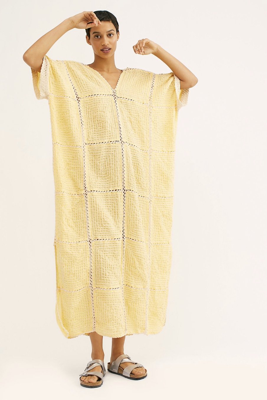 free people yellow embroidered dress HAND CROCHET KAFTAN LUPITA x PEOPLE, hand ma Corset Waist High Slit color:lavender/green multi Straight neckline Adjustable skinny Color:Red (As Picture)