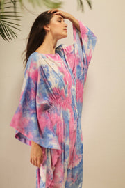HECATE TWIN BLUE PINK KAFTAN DRESS - sustainably made MOMO NEW YORK sustainable clothing, Embroidered Kimono slow fashion