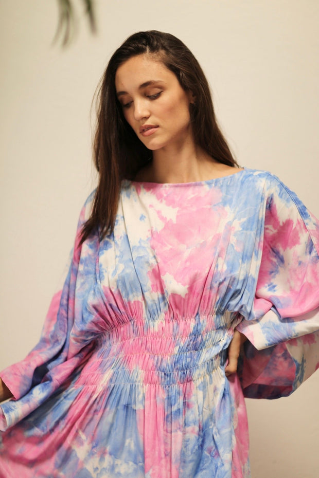 HECATE TWIN BLUE PINK KAFTAN DRESS - sustainably made MOMO NEW YORK sustainable clothing, Embroidered Kimono slow fashion