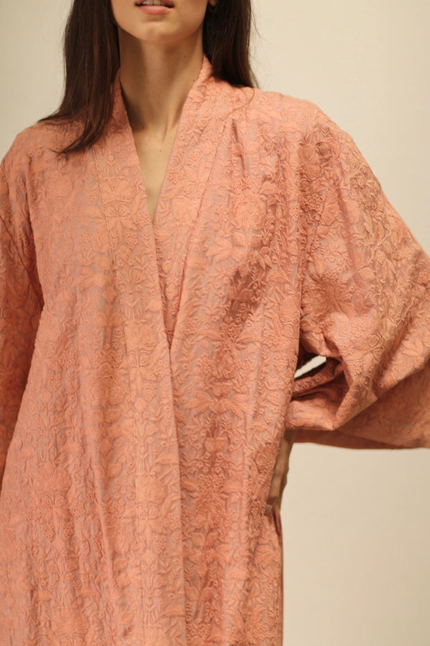 HERA PEACH PINK TUSSER SILK FLOWER KIMONO - sustainably made MOMO NEW YORK sustainable clothing, kimono slow fashion