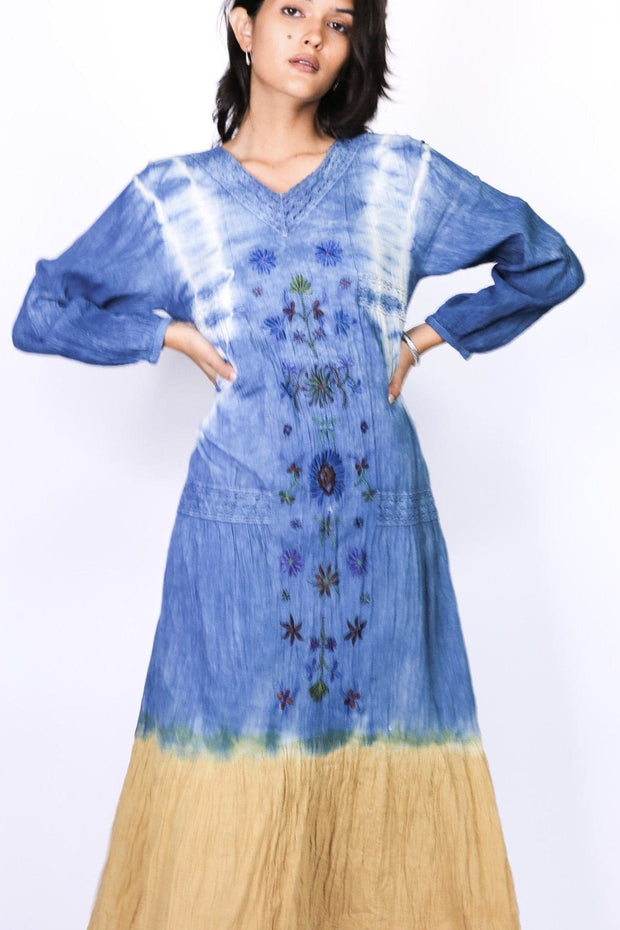 INDIGO EMBROIDERED DRESS SILBY - sustainably made MOMO NEW YORK sustainable clothing, kaftan slow fashion
