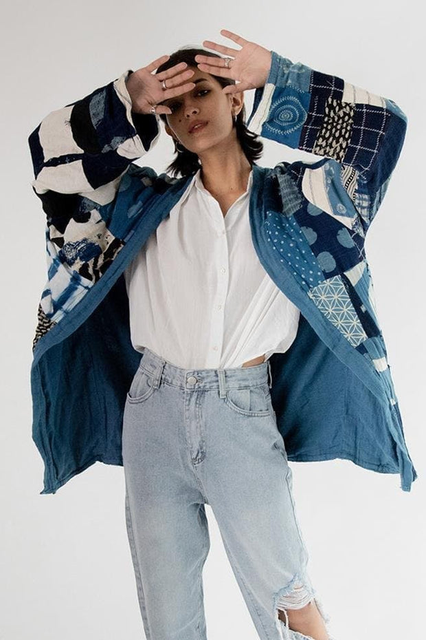 Indigo Patchwork Kimono Jacket Clara - sustainably made MOMO NEW YORK sustainable clothing, Kimono slow fashion