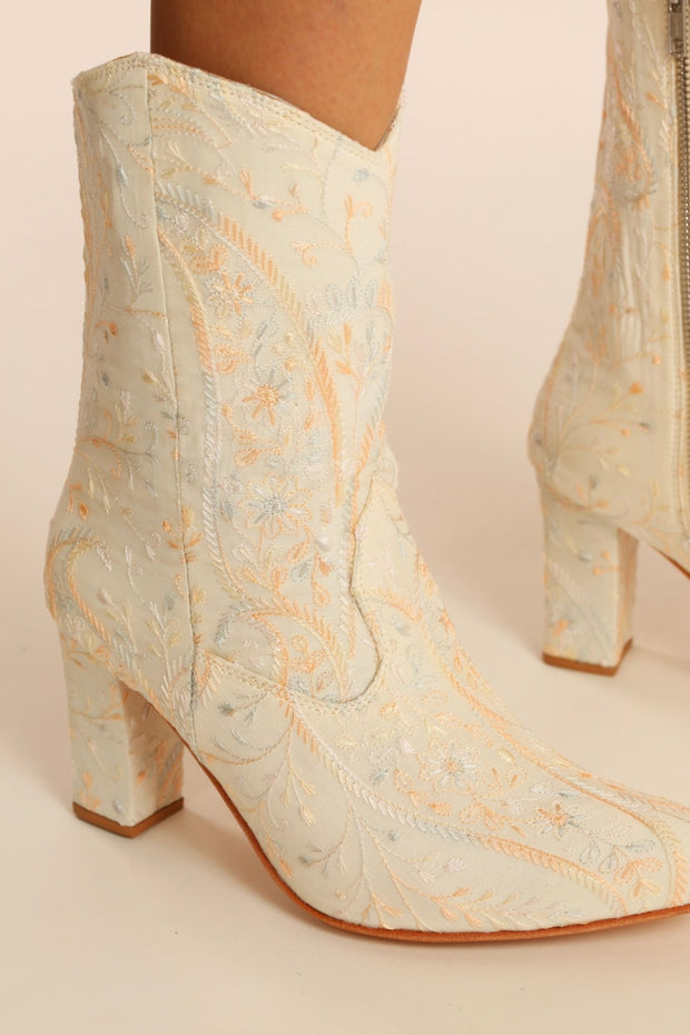 IVORY EMBROIDERED HIGH HEEL BOOTS SABINA - sustainably made MOMO NEW YORK sustainable clothing, boots slow fashion