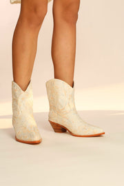 IVORY EMBROIDERED SILK SHORT WESTERN BOOTS FELO - sustainably made MOMO NEW YORK sustainable clothing, boots slow fashion