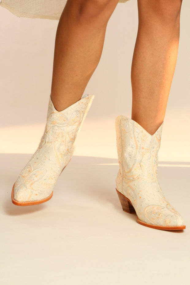 IVORY EMBROIDERED SILK SHORT WESTERN BOOTS FELO - sustainably made MOMO NEW YORK sustainable clothing, boots slow fashion