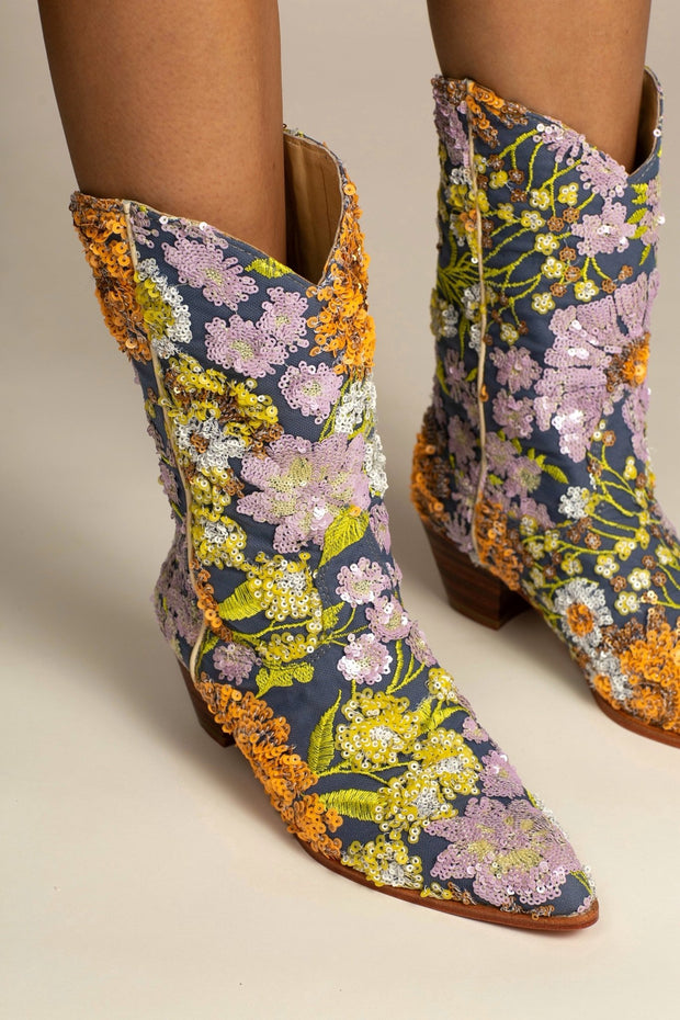 LAVENDER EMBROIDERED FLOWER SEQUIN WESTERN BOOTS - sustainably made MOMO NEW YORK sustainable clothing, boots slow fashion