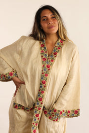 LINEN EMBROIDERED TRIM KIMONO DUSTER FRANKY - sustainably made MOMO NEW YORK sustainable clothing, resort2023 slow fashion