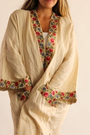 LINEN EMBROIDERED TRIM KIMONO DUSTER FRANKY - sustainably made MOMO NEW YORK sustainable clothing, resort2023 slow fashion