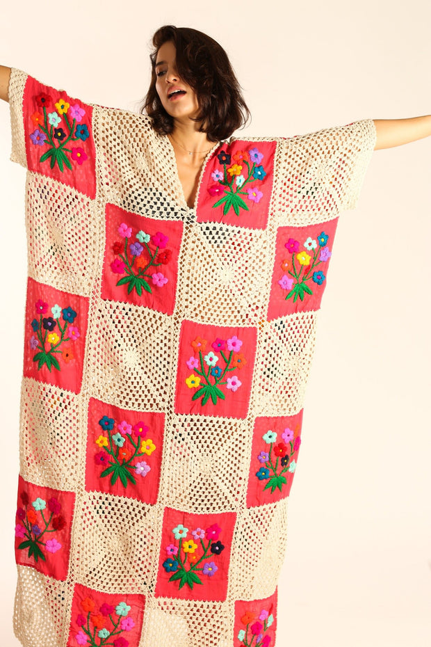 MAXI CROCHET EMBROIDERED KAFTAN IOANA - sustainably made MOMO NEW YORK sustainable clothing, Kimono slow fashion