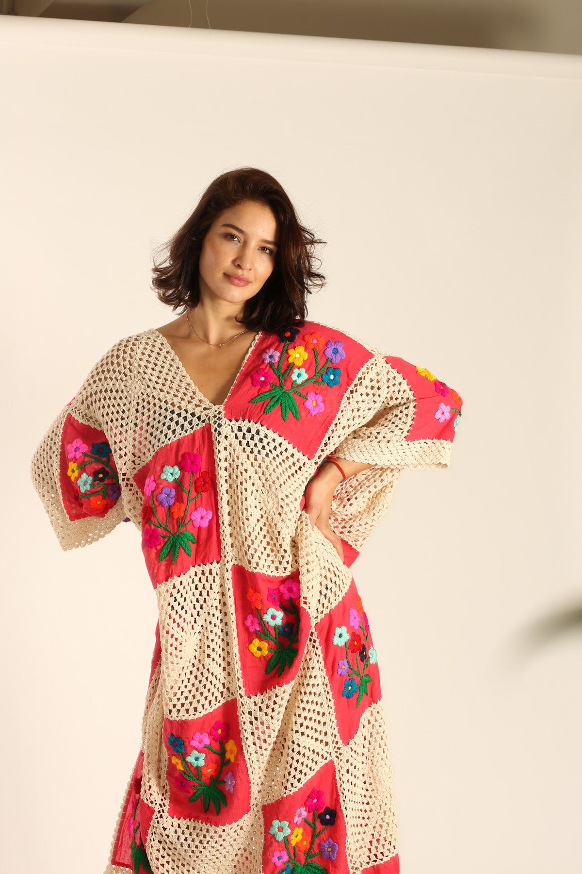 Ella Hand-Crochet Long Kaftan in Navy