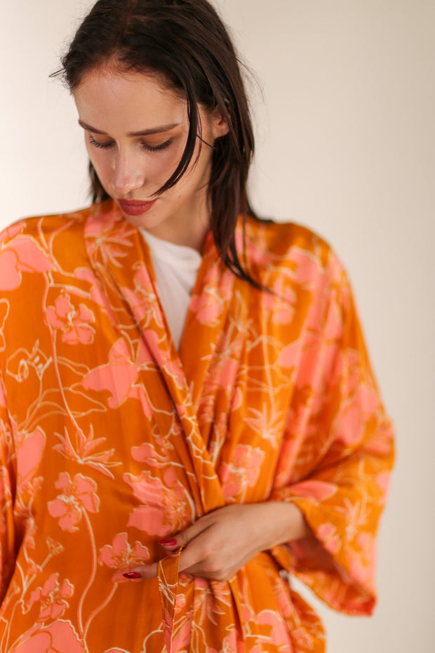 ORANGE FLOWER PRINT SILK KIMONO GOLBY - sustainably made MOMO NEW YORK sustainable clothing, Kimono slow fashion