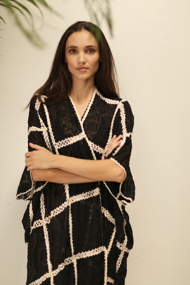 OYA BLACK KIMONO WITH CROCHET - sustainably made MOMO NEW YORK sustainable clothing, kimono slow fashion