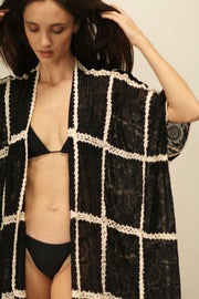 OYA BLACK KIMONO WITH CROCHET - sustainably made MOMO NEW YORK sustainable clothing, kimono slow fashion