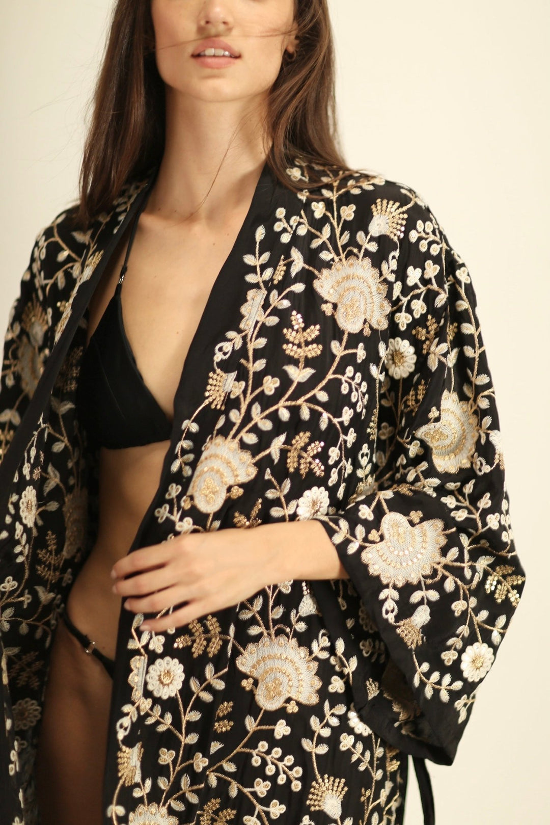 PAN FLOWER EMBROIDERED CHIFFON SILK KIMONO, hand made - MOMO