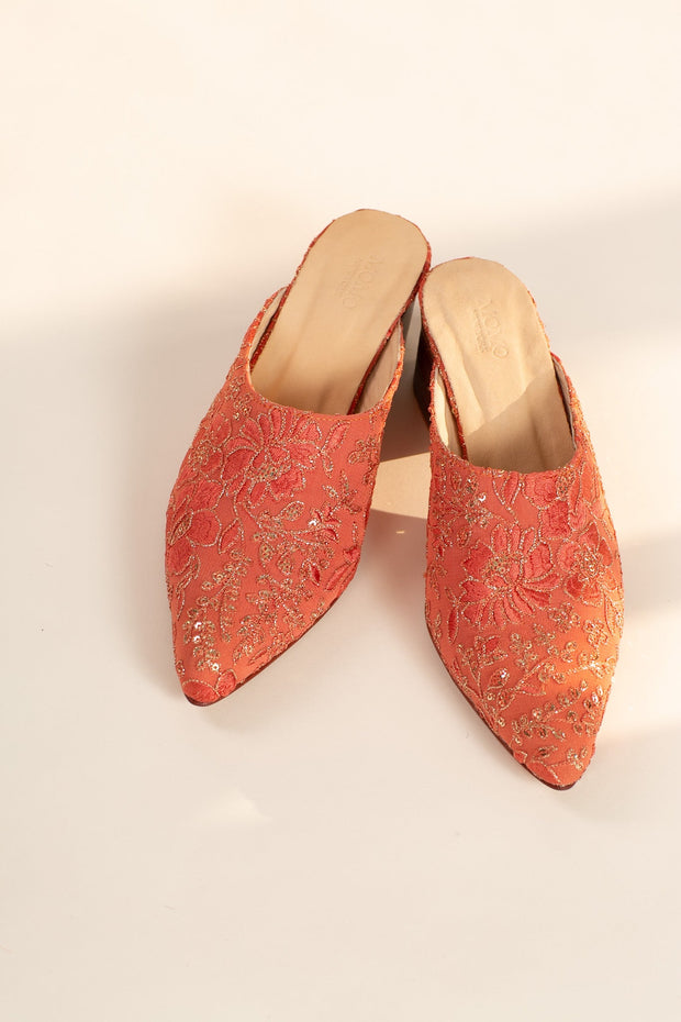 PEACH SILK EMBROIDERED HEELED MULES 