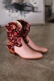 PINK EMBROIDERED VELVET BOOTS DAISY - sustainably made MOMO NEW YORK sustainable clothing, boots slow fashion