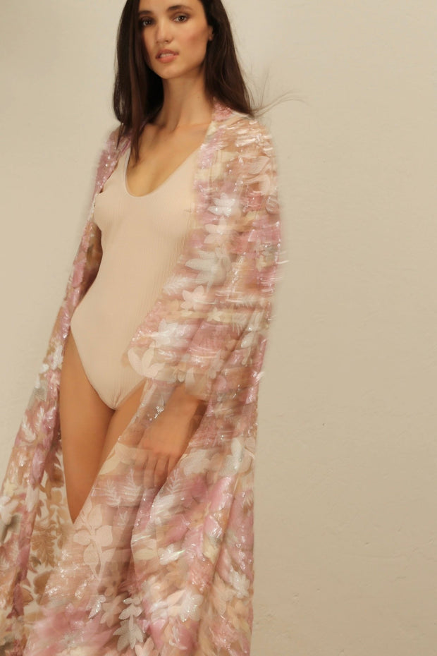 PINK SEQUIN FLOWER KIMONO - sustainably made MOMO NEW YORK sustainable clothing, Embroidered Kimono slow fashion