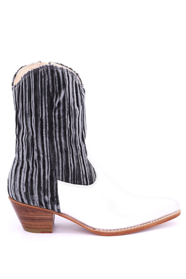 PLEATED VELVET SILVER BOOTS SHELLEY - sustainably made MOMO NEW YORK sustainable clothing, boots slow fashion