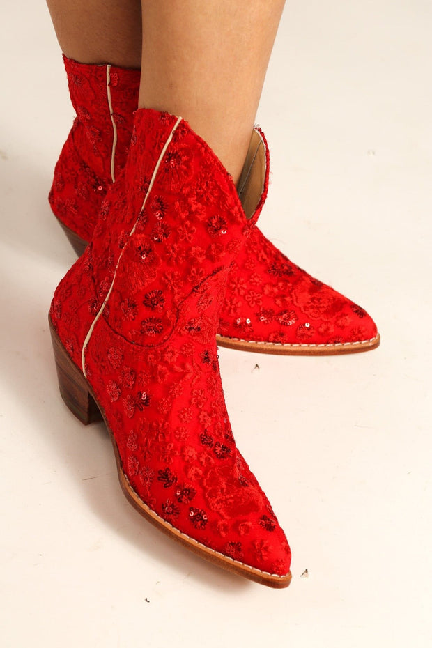 RED EMBROIDERED BOOTS ALESSA - sustainably made MOMO NEW YORK sustainable clothing, boots slow fashion