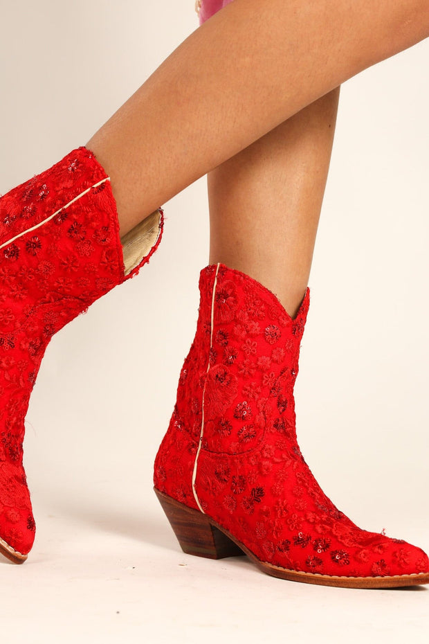 RED EMBROIDERED BOOTS ALESSA - sustainably made MOMO NEW YORK sustainable clothing, boots slow fashion