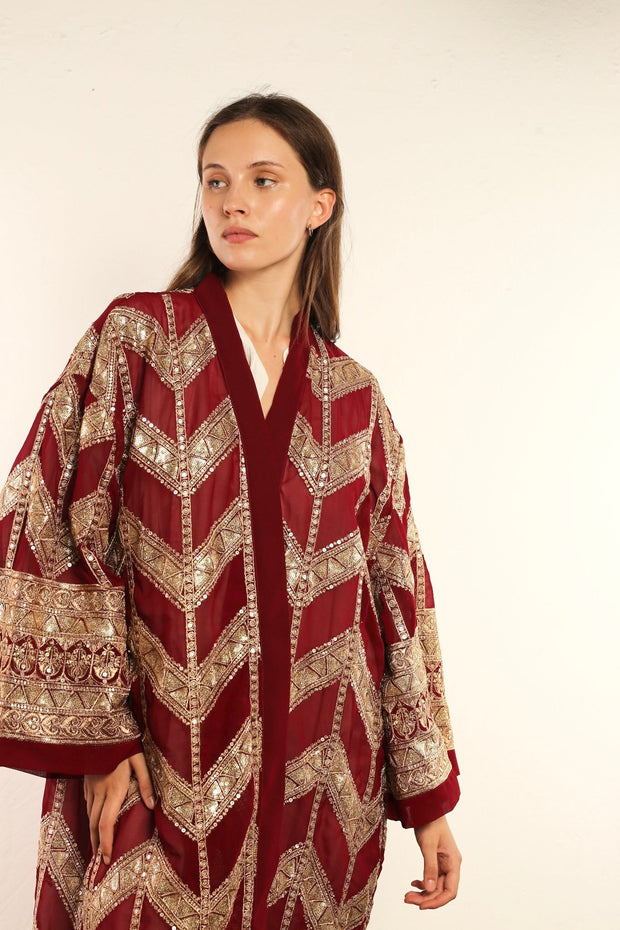 RED GOLD SILK KIMONO - sustainably made MOMO NEW YORK sustainable clothing, kimono slow fashion