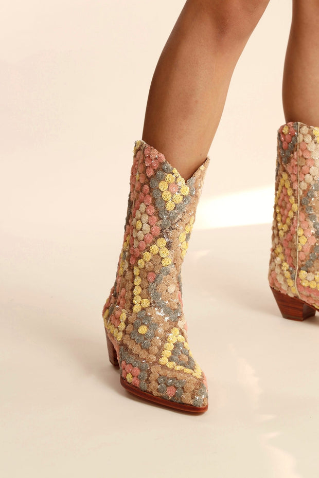 SEQUIN EMBROIDERED SILK WESTERN BOOTS NAHOME - sustainably made MOMO NEW YORK sustainable clothing, boots slow fashion