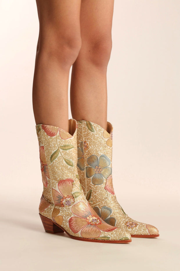 SEQUIN EMBROIDERED WESTERN BOOTS SILK GABRIELA - sustainably made MOMO NEW YORK sustainable clothing, boots slow fashion